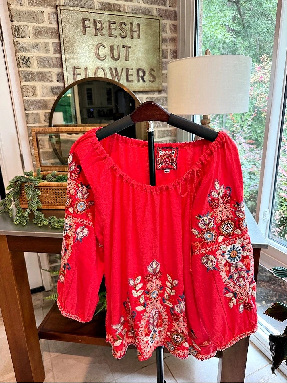 Johnny Was Floral Embroidered Linen Blend Tunic in Red